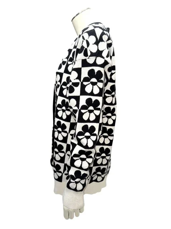 Forever 21 Small Black White Cardigan Floral Checker Knit Retro Preppy Daisy Mod - Picture 5 of 10